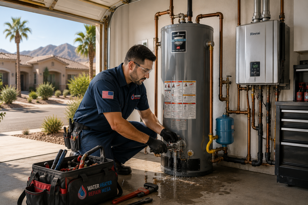 Plumber repairing water heater in Mesa AZ home garage