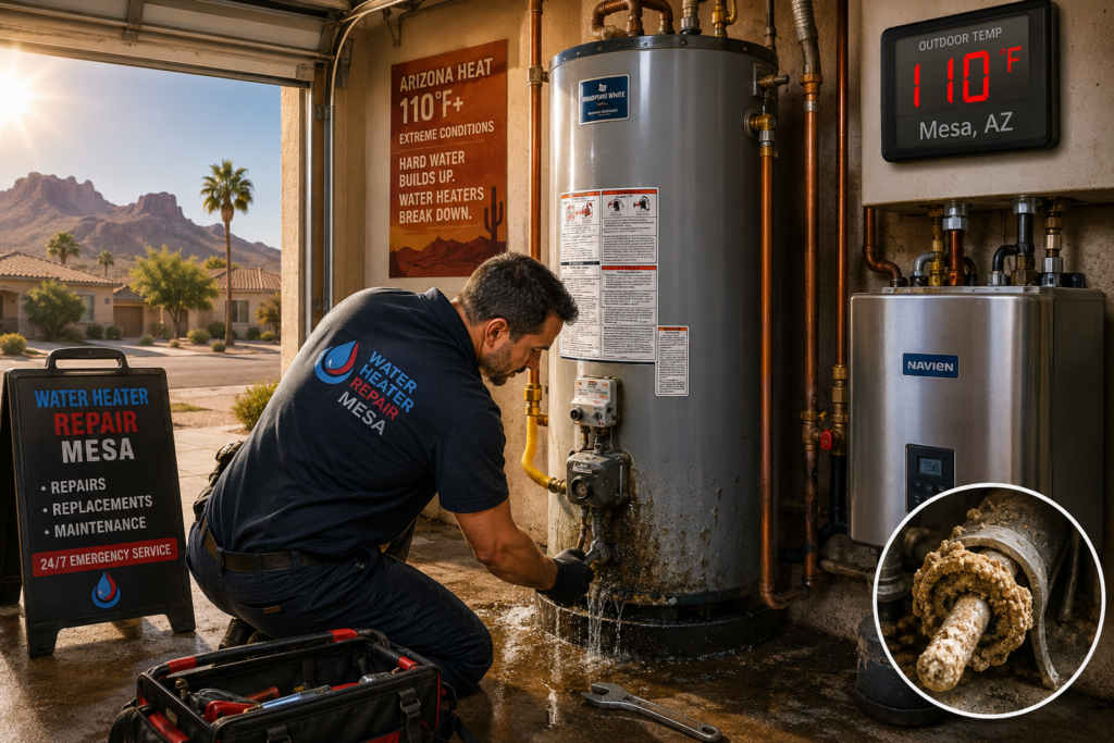 Plumber repairing leaking water heater during extreme Arizona summer heat in Mesa garage with visible hard water mineral buildup