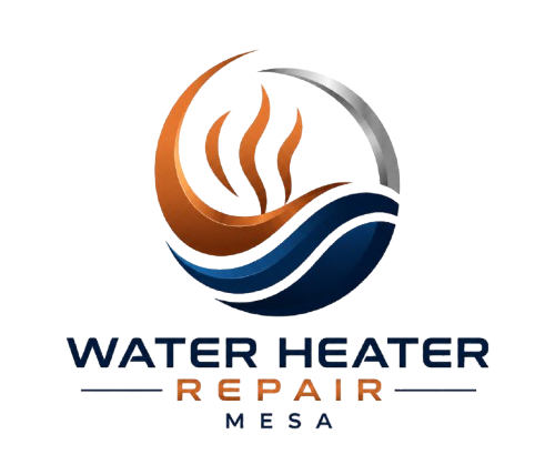 Premium Water Heater Repair Mesa logo with abstract heat and water flow design.
